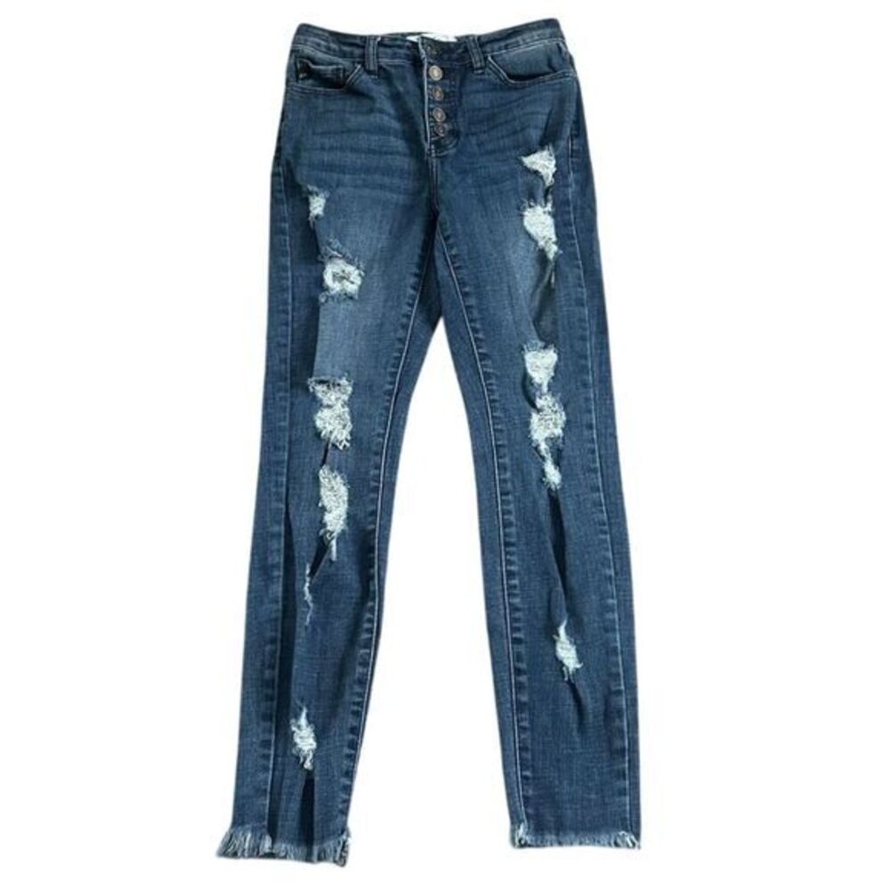 KanCan Skinny Jeans Womens Size 5/26 Blue Denim Distressed Ripped Button Fly
